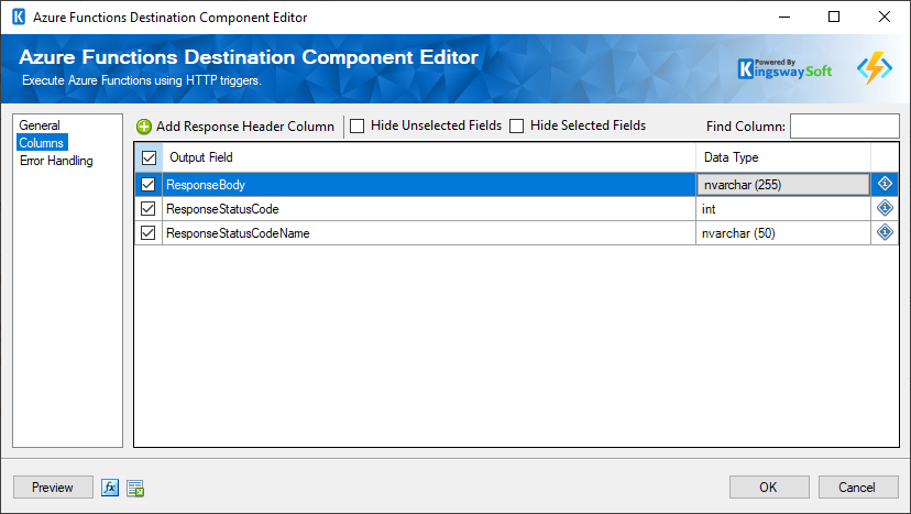 SSIS Azure Functions Destination Component Editor - Columns